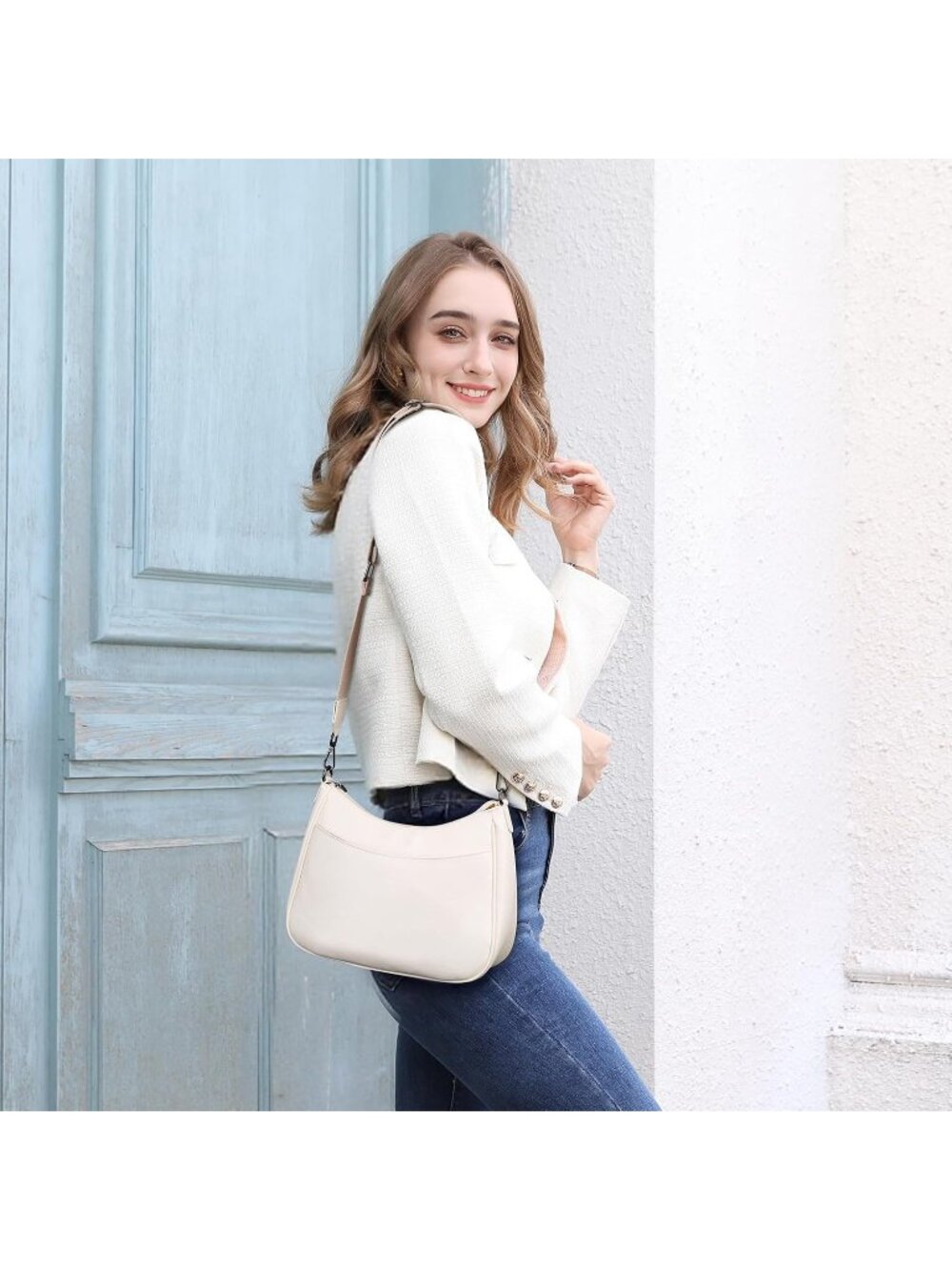 👜Women's White Leather Crossbody Purse Shoulder Bag Wide Strap Travel - Picture 2 of 6